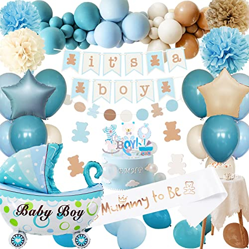 Baby Shower Decorazioni per Ragazzo, Baby Shower Boy, Benvenuto Nascita Bambino, Ghirlanda Palloncini Blu Marrone, Pompon di Carta, Mummy to be Sash, Topper Torta per Forniture