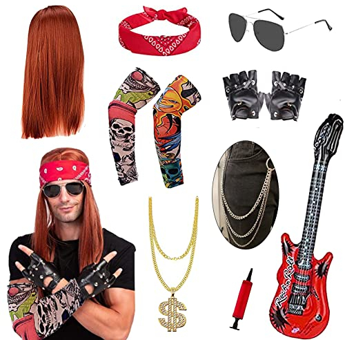 Punker Rockstar Kostüm Accessoires Herren, Rocker 80er 90er Jahre Outfit, Punk Gothic Kit mit Bandanas, Rocker PerüCke, Punk Handschuhe, Tattoo Sleeve, Punk Kette, Aufblasbare Gitarre, Jeanskette