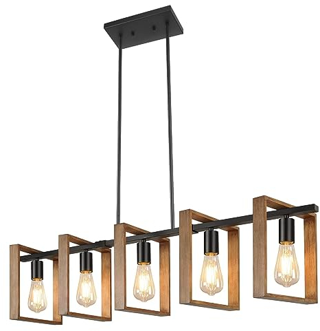 Iluminación De Isla De Cocina Negra, Lámpara De Comedor De 5 Luces De 105 cm De Altura Ajustable, Lámpara De Araña Con Marco De Madera, Cocina, Luces De Mesa De Billar, E27 (Bombillas No Incluidas)