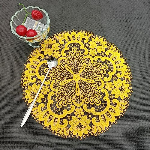 Wambere 1 Stück 26 cm Tischset aus Spitze,Spitzendeckchen Häkeldeckchen Tischdeck,Spitze Runde Stickerei Tisch Tischset,Handarbeit Geklöppelt Spitzendeckchen Placemat,für Küche, Esszimmer,Gelb B
