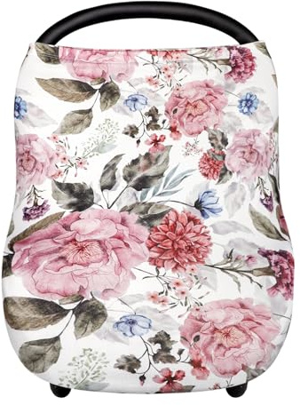 Nursing Cover Breastfeeding, Multi-use Baby CarSeat Cover Girls, Infant Stroller Car Seat Cover, Stretchy Carseat Canopy, Soft Breathable, Peony