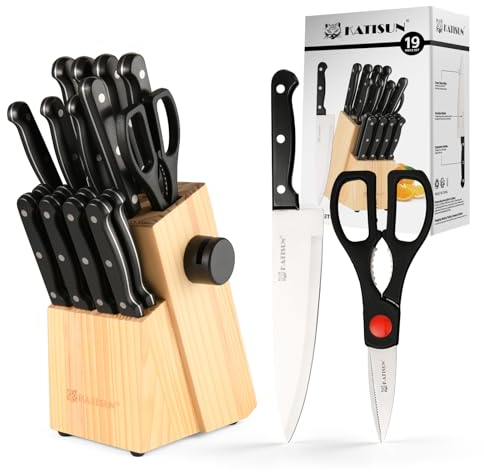 KATISUN Messerblock Set 19 teilig Messerset Sitz aus Gummiholz，Praktischer Messerschärfer，Kratzfest，Komfortabler Griff，Japanisch Inspiriertes Messerset，Block für Profiköche