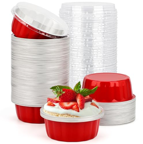Beasea Lot de 100 ramequins jetables de 236,8 g en aluminium avec couvercles, pour pâtisserie, muffins, cupcakes, pudding pour fête, mariage, anniversaire - Rouge