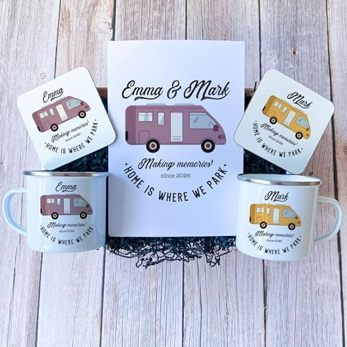 Pomchick - Campervan Enamel Camp Mug Set with Enamel Mug Coaster and Card Personalised Motorhome Gift His Hers Accessories Camping Retro Caravan