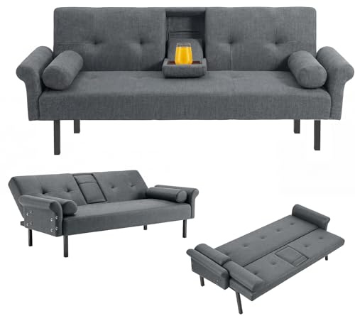 Panana Simple Fabric 3 Seater Click Clack Sofa Bed RECLINER Couch with Cups Holder and Armrest Metal Legs, Free Bolster Pillows, Grey Linen Fabric
