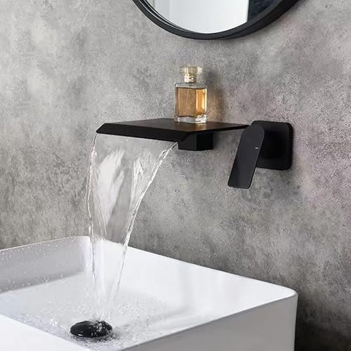 ZYCDP Waschbeckenarmatur Bad Wand Einzigen Handgriff Mischbatterie Schwarz Wasserhahn Wasserfall Wandmontage 2 loch Mischbatterie Messing