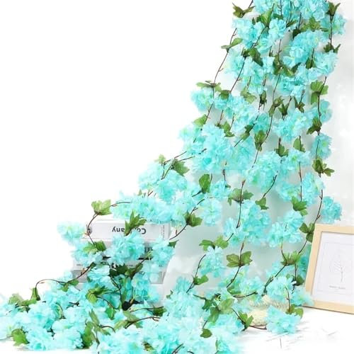 Künstliche Blumenrebe Künstliche Blumen, Kirschblüten, Ranken, Seidenblumen, Sakura, Rattan, Weihnachtsschmuck, Hängegirlande, Hochzeit, Heimdekoration für Arch Arrangement Dekoration(2.3m-Blue)