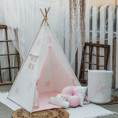 Homechi - Tienda de campaña para niños con diseño de estrella, color crema/rosa + cesta de juguetes + 3 cojines + alfombrilla de suelo de doble cara, 3 cojines 110 x 110 x 150 cm, estabilizador tipi