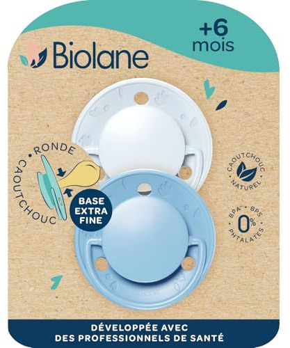 BIOLANE - Rundsauger - Extra Dünner Schnuller ab 6 Monaten - blau zweifarbig - Naturkautschuk Sauger - Mundentwicklung - Weich und bequem