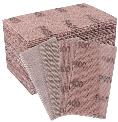 Shineboc 50 pcs Mesh Sanding Sheets, 70 * 125mm Mesh Hook and Loop Sanding Pads 400 Grit Dust Free Abrasive Net Sander Disc Anti-Blocking Grinding Polishing Sandpaper for Wood Furniture