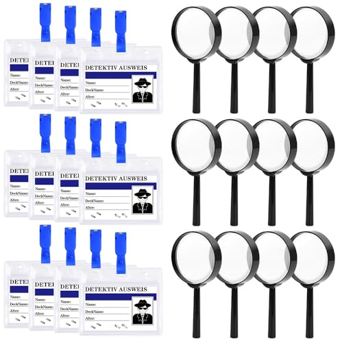CLIUNT Lenti di ingrandimento da detective, Kit Detective Lente Ingrandimento Bambini, 12 Lente d Ingrandimentos Detectives con 12 Carte D'identità Detectives e Clip, gioco di ruolo per bambi