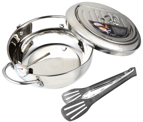 ULTECHNOVO Fritteuse Topf Aus Edelstahl Mit Thermometer Für Herdarten Zum Frittieren Von Tempura Und Anderen Speisen Mit Ölabtropfgestell Für Perfekte Ergebnisse