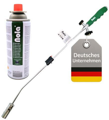 Nola Unkrautbrenner max. 1.300 °C inkl. Gaskartusche 227g, Bajonettanschluss Unkrautvernichter 80cm, Abflammgerät, Butangas Art. 879, leistungsstarker Gasbrenner, Piezozündung, Flamme regulierbar