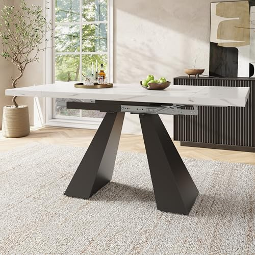 Moimhear Tavolo da pranzo telescopico e allungabile, salvaspazio per cucina, piano di lavoro (159 x 74 x 77 cm, tavolo bianco con gambe a colonna)