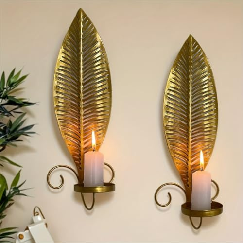 Heimvita Wandkerzenhalter im Blattdesign,2er Set aus Metall,Dekorative Kerzenhalter für Wandmontage,für Wohnzimmer, Schlafzimmer oder Flur (Gold)