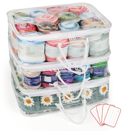Coopay 3 Stück Transparenter Garn Aufbewahrungs Organizer, Tragbare Garnaufbewahrung, Staubdichte Wolle Aufbewahrung mit 4 Etiketten, Garnaufbewahrung mit Reißverschlüssen und Griff (30 x 40 x 15cm)