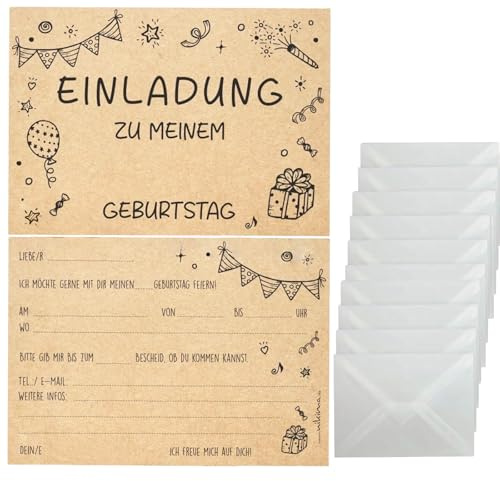 LandReCol einladungskarten kindergeburtstag mädchen 10 Einladungskarten zum Kindergeburtstag Kraftpapier inkl. 10 Briefumschlägen – Einladung Party Junge Mädchen Kinder OHNE Kinderschokolade