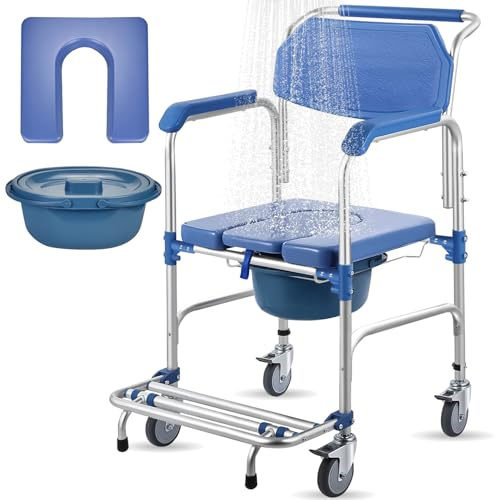 XDTIME 4-in-1 Rolling Shower Chair with Wheels, 150kg Weight Capacity, Toilet Commode Chair for Elderly and Disabled with Removable Bucket, Locking Brakes and Padded Seat (Fits Toilets Under 40cm)