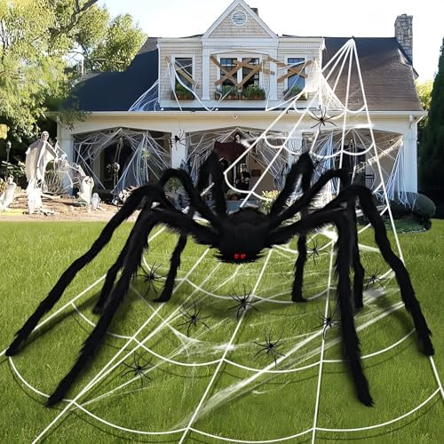 Kiuiom Ragnatele Triangolari di Halloween,Halloween Spider Web Set,200cm Ragni Pelosi,500cm Ragnatela,40g Ragnatela di Cotone,20 Mini Ragni per Interni Esterni Case Infestate Tema Festa Decorazione