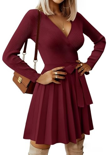 heekpek Vestido Punto Invierno Mujer Elegante Cuello en V Jersey Vestido Manga Larga Sexy A-Line Vestidos Otoño y Cinturón, Burdeos, XL