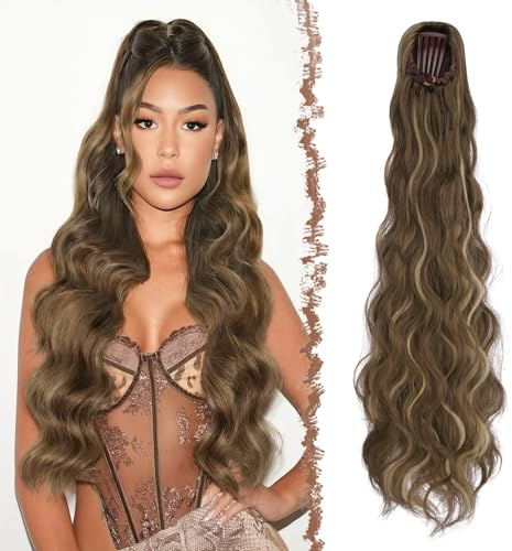 FESHFEN Pferdeschwanz mit Kordelzug Synthetik Wellen Zopf Haarteil, 75 cm | Comb Clip in Ponytail Extension für Damen, Hitzebeständig Natürlich Haarzopf für Karneval Alltag, Hellbraun Mixed Blond
