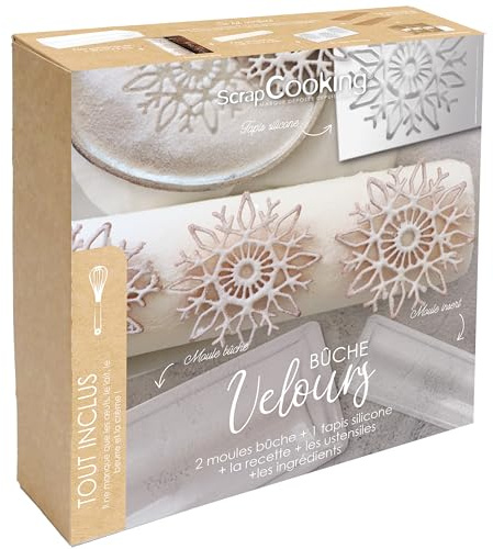 ScrapCooking - Coffret Bûche de Noël « Velours » - Kit Moules & Ingrédients - Insert Bûche & Moule Tuiles Flocons - Gouttière Pâtisserie - Dessert Réveillon - Avec Recette Bûche 3 Chocolats - 1942