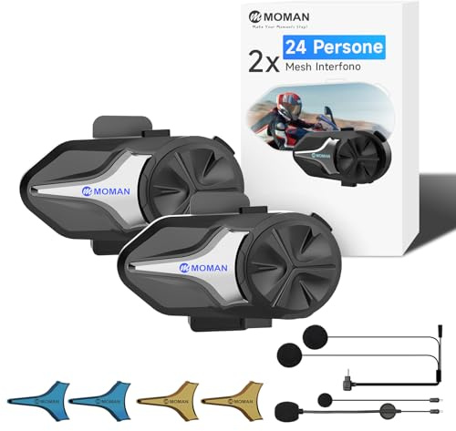 Moman CPX Motorcycle Group Mesh Intercom, 24 Riders Mesh Communication System BT5.4 Helmet Speaker Headset 2000M with Audio Multitasking/Music Share/AI Noise Reduction/Hi-Fi Stereo/Waterproof, 2 Pack