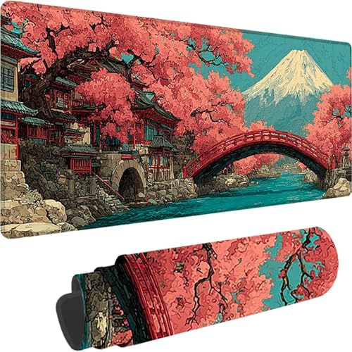 Tapis de Souris Rose, Grand Tapis de Souris XXL 900 x 400 x 4 mm Japon sous Main Bureau, Mouse Pad pour Clavier et Bureau, avec Bords Surpiqués et Dos Antidérapant pour Gamer Maison, Cadeau w-7970