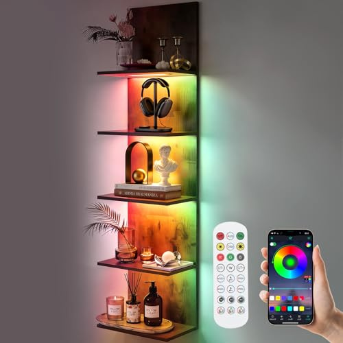 Wandregal mit RGB+IC-Beleuchtung, Bücherregal Wand mit APP & Fernbedienung | Wandregal Holz 5 Ebenen, Wandregal Schmal Schminktisch Regal für Schlafzimmer, Wohnzimmer, 30x18x117 cm, Holzfarben