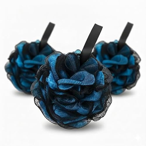 Loofah 3 Pack XL Size 80g Each - Blue - Exfoliating Shower Loofah Sponge & Bath Shower Puff Set - Soft Dual Layer Mesh Body Scrubber for Shower - Atlantix Accessories (3pk Blue)