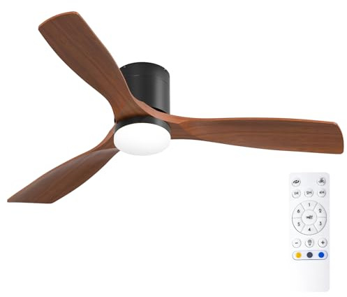 Passky Ventilador de Techo con Luz Silencioso 132cm 3 Aspas Madera Mando a Distancia Motor DC 3 Luces Regulables Modo Verano-Invierno 6 Velocidades Temporizador Interior/Exterior Negro