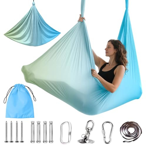 Aerial Yogatuch 280x150cm Yoga-Set für Erwachsene, Yoga Hängematte zum Aufhängen Aerial Yogas Set für drinnen und draußen 200 kg Belastung,inkl. Kompletter Installationshardware für Fitness（Blau-Grün）