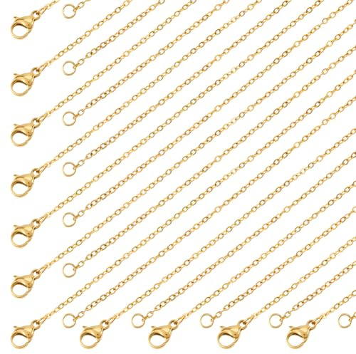 BEAMARKER 20 Pack Cable Link Necklace Gold Necklace Chain Bulk with Display Cards 1.5mm 18 Inch Real 18K Gold Plated Stainless Steel Thin Linking Chains for Neck Pendants Jewelry DIY Making Crafts