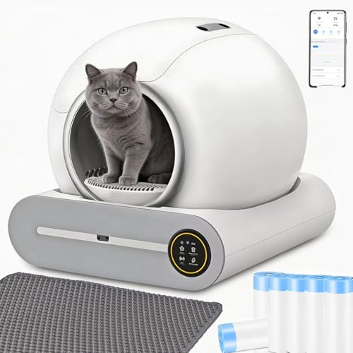MewThink Lettiera per Gatti Autopulente 65 L con 6 Sacchi Lettier 2 Filtri | Anti Trappola, Isolamento Odori, Controllo App, Progettazione Sicura, 1 Tappetino