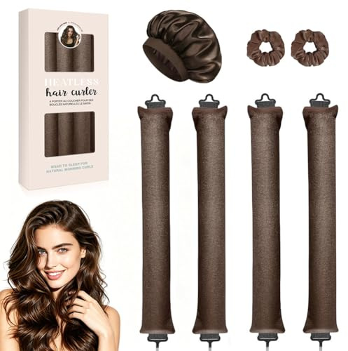 Santme 4 Pcs Boucle Sans Chaleur, Boudin Cheveux Bigoudis Sans Chaleur avec élastiques à cheveux et Bonnet Overnight Rouleau Boucles Sans Chaleur pour Tous Les Types de Cheveux Brun