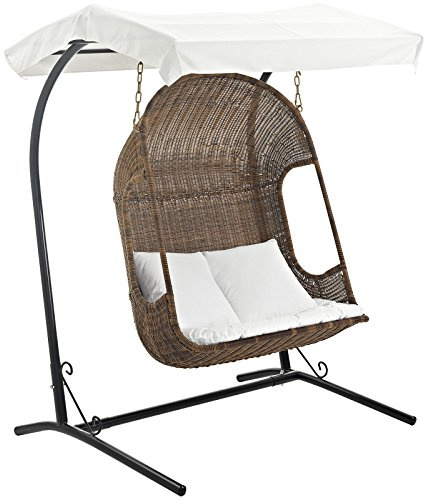 Modway Vantage Wicker Rattan Outdoor Patio Swing Chair with Canopy in Brown White