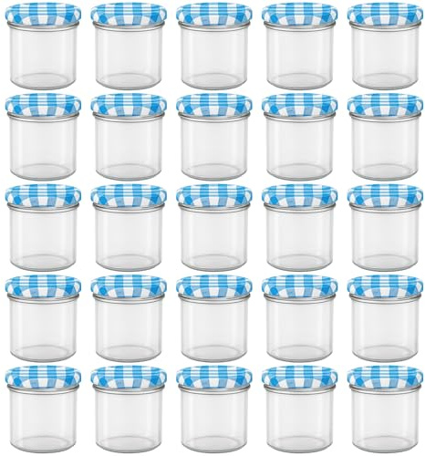 hocz 25x Marmeladengläser 125 ml | mit Deckel Blau Kariert TO 66 | mit Etiketten NZ | Einmachgläser mit Schraubdeckel zum befüllen | Sturzgläser Marmelade Schraubgläser | leere Gläser Set | 25 Stück