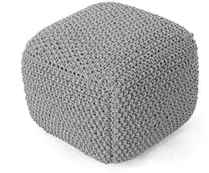 Christopher Knight Home Teresa Knitted Cotton Square Pouf, Light Grey