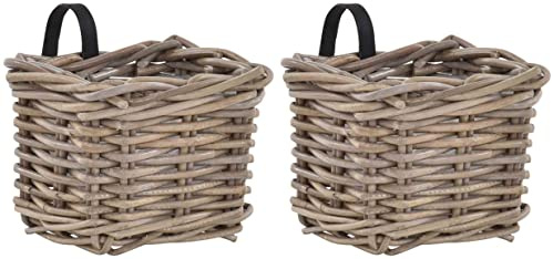 Set / 2 Balkonkorb Grau Balkon Geländer Pflanz-Korb Blumen-Topf Natur Rattan Balkonkasten Pflanzgefäß mit Folie (2)