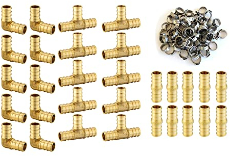 (100 Stück) EFIELD 1/2 Pex Messing Fittings: 70 Stück Pex Edelstahl Klemmen, T-Stück, Bogen und Kupplung je 10 Stück