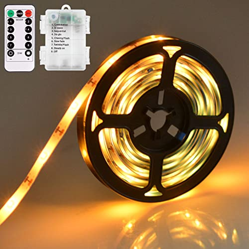 Battery LED Strip Lights with Remote Controller, 9.8ft SMD Waterproof Flexible Lighting Strip for Indoor Outdoor, TV,Desk Table,Dining Bed Room,Boat,Kitchen,Christmas (Warm White) | Dimmable Waterproof Flexible Lights Strip for Indoor Outdoor TV Table Bedroom Boat Kitchen (Warm White)