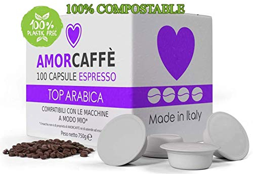 Amorcaffe 100 Compostable Compatible Coffee Capsules Pods for Lavazza A Modo Mio - Top Arabica taste - Plastic free