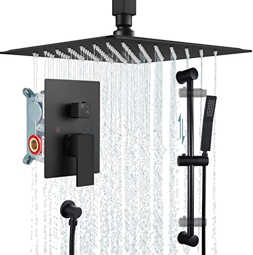 Aolemi 30,5 cm Deckenhalterung Duschsystem Regendusche mit Schiebestange Handbrause Luxus Hochdruck Duschkombi Set Rauhventil und Duschblende im Lieferumfang enthalten Badezimmer