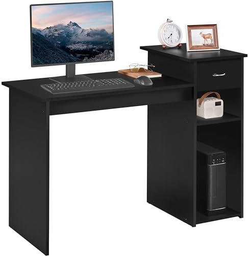Yaheetech Mesa Ordenador Madera con Cajón y Estantería, 112x50x82cm, Negro