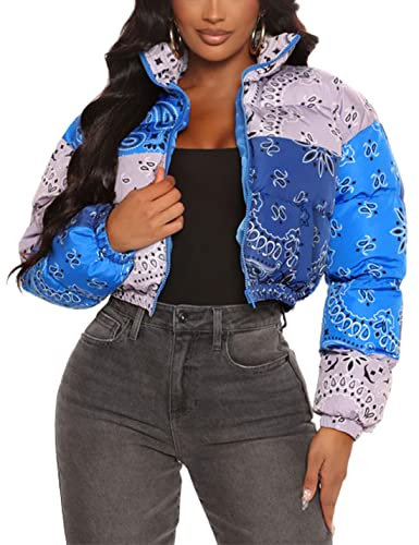 Bianstore Damen Winter Stehkragen Langarm Bandana Print Crop Jacke Mantel, blau, Small