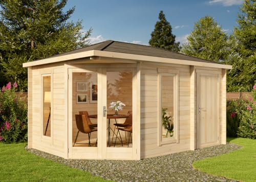 Alpholz 5-Eck Gartenhaus Liwa Compact mit Anbau aus Holz Gartenhütte Wandstärke: 28 mm Geräteschuppen
