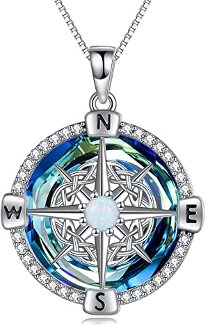 TOUPOP S925 Sterling Silber Kompass Halskette für Frauen Keltisches Kristallanhänger Schmuck Abschlussgeschenk für Damen Mädche
