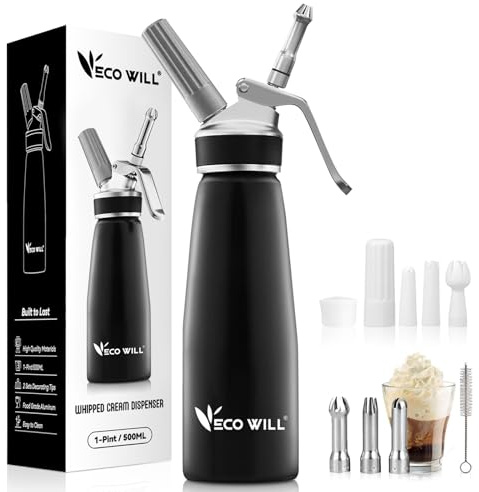 ECO-WILL Professional Whipped Cream Dispenser, Durable Aluminum Cream Whipper with 2 Sets of Stainless Steel and Plastic Tips & Cleaning Brush, 1-Pint / 500 mL,Homemade Cream Maker
