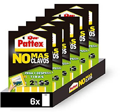 Pattex Pack de 6 Tiras NO MÁS CLAVOS, Tiras de Pegar y Despegar, Reutilizables y Sin Residuos, Soportan hasta 2 Kilos. Pack de 60 Tiras. Color Blanco.