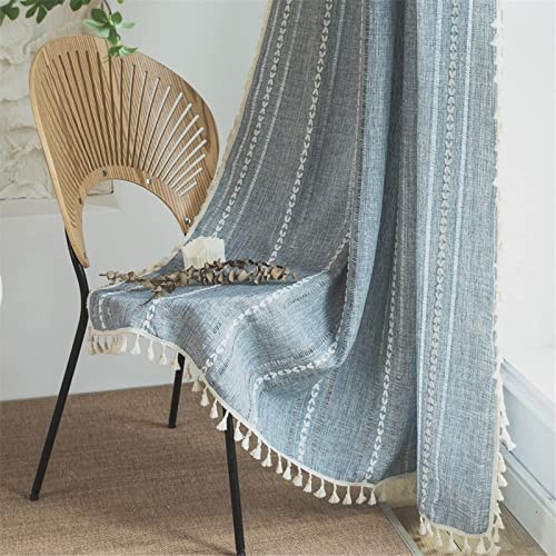 Sutuo Home Rideaux Bleus de Style bohème pour Chambre à Coucher, Salon, Semi-occultants en Lin à Rayures de Campagne française, Vintage, Shabby Chic, Glands Creux, Rideaux bohémiens, 1 Panneau, 132,1